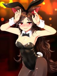Rule 34 | 1girl, alternate costume, animal ears, armpits, bare arms, black hairband, black pantyhose, blush, breasts, brown hair, cleavage, contrapposto, cowboy shot, detached collar, fake animal ears, hairband, hands up, highres, imaizumi kagerou, leotard, long hair, looking at viewer, medium breasts, nail polish, nama shirasu, pantyhose, playboy bunny, rabbit ears, rabbit tail, red eyes, red nails, solo, standing, tail, touhou, wolf ears, wolf tail, wrist cuffs
