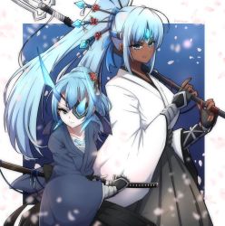 Rule 34 | 2girls, blue eyes, blue hair, breasts, dark skin, dark-skinned female, eyepatch, horns, japanese clothes, long hair, looking at viewer, mochimochi (xseynao), multiple girls, nintendo, open mouth, perun (xenoblade), polearm, ponytail, sarashi, short hair, simple background, single horn, spear, theory (xenoblade), weapon, white hair, xenoblade chronicles (series), xenoblade chronicles 2, xenoblade chronicles (series), xenoblade chronicles 2