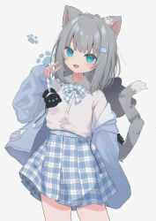 Rule 34 | 1girl, :d, absurdres, animal ears, aqua eyes, blue cardigan, blue skirt, bow, bowtie, cardigan, cat ears, cat girl, cat tail, dress shirt, fang, grey hair, highres, indie virtual youtuber, long sleeves, medium hair, nachoneko, off shoulder, open cardigan, open clothes, open mouth, oreoreoreo, plaid, plaid skirt, pleated skirt, shirt, simple background, skirt, sleeves past wrists, smile, tail, virtual youtuber, white background, white shirt