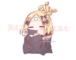 Rule 34 | 1girl, abigail williams (fate), abigail williams (traveling outfit) (fate), text background, black bow, black jacket, blonde hair, blush stickers, bow, chibi, closed eyes, cropped torso, crossed bandaids, eating, ehoumaki, fate/grand order, fate (series), food, hair bow, hair bun, hands up, heroic spirit traveling outfit, highres, jacket, long sleeves, makizushi, multiple hair bows, official alternate costume, orange bow, parted bangs, signature, simple background, single hair bun, sleeves past wrists, sofra, solo, sushi, translation request, twitter username, upper body, white background