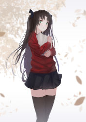 Rule 34 | 1girl, ano54, backlighting, bag, black ribbon, black skirt, black thighhighs, blush, closed mouth, falling leaves, fate/stay night, fate (series), green eyes, hair ribbon, highres, holding, holding bag, leaf, light smile, long hair, long sleeves, looking at viewer, miniskirt, outdoors, parted bangs, pleated skirt, red sweater, ribbon, skirt, solo, standing, sweater, tareme, thighhighs, tohsaka rin, tree, very long hair, zettai ryouiki