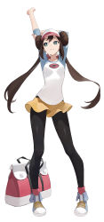 Rule 34 | 1girl, absurdres, arms up, bag, black pantyhose, breasts, brown hair, closed mouth, commentary request, creatures (company), double bun, duplicate, full body, game freak, green eyes, hair bun, handbag, highres, holding own arm, light blush, light smile, long hair, long sleeves, looking to the side, medium breasts, modare, nintendo, outstretched arm, pantyhose, pantyhose under shorts, poke ball symbol, pokemon, pokemon bw2, print shirt, raglan sleeves, rosa (pokemon), shirt, shoelaces, shoes, short shorts, shorts, simple background, solo, twintails, visor cap, white background, yellow shorts