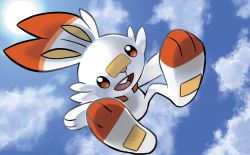 Rule 34 | :d, animal focus, ariga hitoshi, blue sky, rabbit, cloud, cloudy sky, creature, creatures (company), day, full body, game freak, gen 8 pokemon, happy, nintendo, no humans, official art, open mouth, outdoors, pokemon, pokemon (creature), pokemon tcg, scorbunny, sky, smile, solo, third-party source
