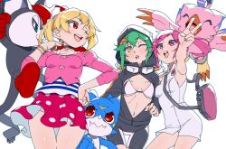 Rule 34 | 3girls, :o, ;d, absurdres, arm up, armpits, bag, bare shoulders, bike shorts, bikini, bikini top only, black bikini, black choker, black jacket, blonde hair, breasts, camisole, choker, cleavage, collarbone, commentary, cowboy shot, digimon, digimon (creature), digimon world re:digitize, digimon xros wars, digimon xros wars: toki wo kakeru shounen hunter-tachi, dress, english commentary, goggles, goggles around neck, green hair, hair between eyes, hair ornament, hand on own hip, hand up, highres, hood, hood up, hooded jacket, in-franchise crossover, jacket, long hair, long sleeves, looking at another, medium breasts, multiple girls, multiple wristbands, navel, one eye closed, open mouth, opossummon, orange eyes, panties, pantyshot, partially unzipped, pink eyes, pink hair, pink panties, pink shirt, piyomon, polka dot, polka dot skirt, red eyes, red skirt, rindou akiho, riza23, shinomiya rina, shirt, short hair, short hair with long locks, shoulder bag, sidelocks, simple background, skirt, sleeveless, sleeveless dress, sleeves past elbows, small breasts, smile, standing, striped camisole, striped clothes, suzaki airu, swimsuit, teeth, thigh gap, twintails, two-tone bikini, underwear, upper teeth only, v, v-mon, white background, white bikini, white dress, x hair ornament