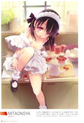 Rule 34 | 1girl, absurdres, apron, black hair, black ribbon, bowl, breasts, butter, cream, curtains, egg, flower pot, food, fruit, hair ribbon, highres, indoors, kitchen, looking at viewer, maid headdress, mary janes, mitaonsha, mixing bowl, naked apron, nipples, no bra, no panties, open mouth, package, pink eyes, plant, potted plant, ribbon, shoes, short hair, sitting, small breasts, socks, solo, strawberry, white socks, wrist cuffs