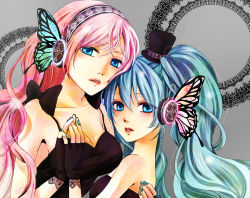 Rule 34 | 2girls, blue eyes, blue hair, borscht518, breasts, butterfly hair ornament, butterfly wings, cleavage, fingerless gloves, gloves, hair ornament, hatsune miku, insect wings, long hair, magnet (vocaloid), megurine luka, multiple girls, pink hair, twintails, vocaloid, wings, yuri