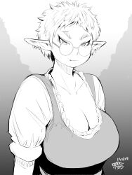 Rule 34 | 1girl, breasts, cleavage, dated, ear piercing, elf, glasses, greyscale, hadashi no kenji, highres, large breasts, looking at viewer, monochrome, original, piercing, pointy ears, short hair, short sleeves, solo, thick eyebrows, upper body