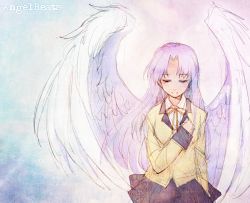 Rule 34 | 10s, 1girl, angel beats!, angel wings, blazer, closed eyes, copyright name, feathered wings, graphite (medium), hand on own chest, jacket, light purple hair, long hair, multicolored background, saban, school uniform, sketch, skirt, solo, tenshi (angel beats!), traditional media, white hair, wings