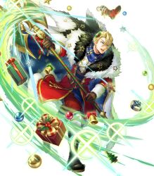 Rule 34 | 1boy, argon (exys), attack, bell, black footwear, blonde hair, blue cape, blue eyes, brown gloves, cape, dimitri alexandre blaiddyd, dimitri alexandre blaiddyd (blessed protector), fire emblem, fire emblem: three houses, fire emblem heroes, fur-trimmed cape, fur trim, gift, gloves, hair ornament, halberd, highres, holly, holly hair ornament, male focus, multicolored cape, multicolored clothes, nintendo, non-web source, official alternate costume, official art, parted bangs, polearm, simple background, smile, solo, v-shaped eyebrows, weapon, white background, white cape