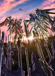 Rule 34 | aircraft, archangel (gundam), beam rifle, day, energy gun, flying, full body, glowing, glowing eyes, green eyes, gun, gundam, gundam seed, gundam seed freedom, highres, holding, holding gun, holding sword, holding weapon, immortal justice gundam, key visual, mecha, mechanical wings, mobile suit, murasame (gundam seed destiny), no humans, official art, promotional art, rising freedom gundam, robot, science fiction, shield, sky, spacecraft, sword, v-fin, weapon, wings