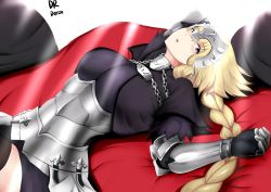Rule 34 | 1girl, :o, armor, armored dress, artist name, blonde hair, blue eyes, braid, breasts, capelet, chain, cushion, deroo, fate/apocrypha, fate/grand order, fate (series), faulds, gauntlets, headpiece, highres, jeanne d&#039;arc (fate), jeanne d&#039;arc (ruler) (fate), large breasts, long braid, long hair, looking at viewer, lying, on back, open mouth, parted lips, plackart, signature, single braid, solo, thighhighs, very long hair