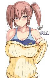 Rule 34 | 1girl, :o, anchor hair ornament, atlanta (kancolle), blue one-piece swimsuit, breasts, brown eyes, brown hair, cardigan, collarbone, competition swimsuit, covered navel, cowboy shot, dated, earrings, grey eyes, hair between eyes, hair ornament, highres, jewelry, kantai collection, large breasts, long hair, long sleeves, looking at viewer, montemasa, one-piece swimsuit, simple background, solo, star (symbol), star earrings, swimsuit, swimsuit under clothes, twitter username, two side up, white background