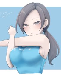 Rule 34 | 1girl, bare shoulders, black hair, blue background, blush, breasts, chiji komari, colored skin, commentary, cropped torso, forehead, grey eyes, highres, large breasts, long hair, looking at viewer, nintendo, open mouth, pale skin, parted bangs, ponytail, sideboob, simple background, sleeveless, solo, stretching, super smash bros., tank top, translated, upper body, white skin, wii fit, wii fit trainer, wii fit trainer (female)