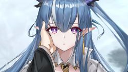 Rule 34 | 1boy, 1girl, arknights, blue hair, commentary request, earrings, hair between eyes, hand on another&#039;s face, horns, jewelry, ling (arknights), long hair, long sleeves, long wuxian, looking at viewer, multicolored hair, out of frame, parted lips, pointy ears, ponytail, portrait, purple eyes, shirt, solo focus, streaked hair, white hair, white shirt, wide sleeves