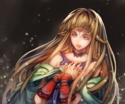 Rule 34 | 1girl, armband, bare shoulders, blue eyes, brown hair, dom-dozz, dress, hands on own chest, jewelry, long hair, shiho (valkyrie profile), solo focus, valkyrie profile (series), very long hair