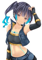 Rule 34 | 1girl, blue hair, brown hair, chest jewel, fiery hair, glowing lines, highres, nanase nao, navel, sena (xenoblade), short shorts, shorts, shoulder strap, side ponytail, simple background, solo, sports bra, white background, xenoblade chronicles (series), xenoblade chronicles 3