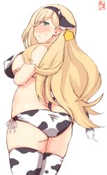 Rule 34 | 1girl, absurdres, alternate costume, anal tail, animal ears, animal print, artist logo, ass, bikini, blonde hair, blue eyes, blush, breasts, commentary request, covered erect nipples, cow ears, cow horns, cow print, cow tail, cowboy shot, crossed arms, dated, ear tag, fake animal ears, fake horns, fake tail, from behind, hair between eyes, highres, horns, kanon (kurogane knights), kantai collection, large breasts, long hair, looking at viewer, mole, mole under eye, mole under mouth, richelieu (kancolle), side-tie bikini bottom, simple background, solo, swimsuit, tail, white background, white bikini