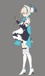 Rule 34 | 1girl, apron, bare shoulders, black dress, black gloves, blonde hair, blue archive, blue bow, blue eyes, boots, bow, bun cover, chunrijun (springer), dress, elbow gloves, fingerless gloves, frilled apron, frills, from side, full body, gloves, grey background, hair between eyes, hair bun, halo, high heel boots, high heels, highres, holding, maid headdress, pleated dress, profile, simple background, sleeveless, sleeveless dress, solo, standing, thigh boots, toki (blue archive), white apron, white footwear