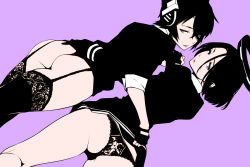 Rule 34 | 10s, 2girls, ass, black hair, eyepatch, fingerless gloves, garter straps, gloves, halo, headgear, kantai collection, lace, lace-trimmed legwear, lace-trimmed panties, lace trim, lingerie, looking at viewer, looking back, mechanical halo, multiple girls, panties, purple eyes, short hair, simple background, spot color, tatsuta (kancolle), tenryuu (kancolle), thighhighs, thong, underwear, yellow eyes, yuri, yurikawa