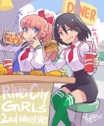 Rule 34 | 2girls, black hair, booth seating, burger, commentary request, cup, diner, disposable cup, drink, drinking straw, eating, english text, fast food, food, food in mouth, food on face, french fries, holding, holding food, hot dog, jacket, ketchup, kunio-kun series, kyoko (kunio-kun), long hair, misako (kunio-kun), mixed-language text, multiple girls, mustard, oyster (artist), river city girls, sausage, school uniform