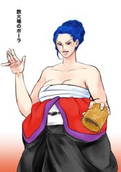 Rule 34 | 1girl, alternate costume, alternate hairstyle, bandages, bare shoulders, black eyes, blue hair, breasts, cleavage cutout, clothing cutout, cup, dice, female focus, gambling, highres, japanese clothes, kimono, large breasts, lipstick, looking to the side, makeup, miss doublefinger, one piece, sitting, solo, yukata