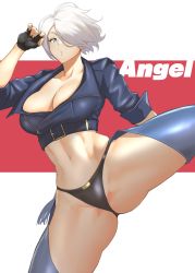Rule 34 | 1girl, anagumasan, angel (kof), black gloves, blue eyes, breasts, chaps, character name, cleavage, collarbone, commentary request, cropped jacket, fingerless gloves, fingernails, gloves, hair over one eye, highres, jacket, kicking, large breasts, leg up, lips, navel, panties, shiny clothes, short hair, simple background, sleeves rolled up, stomach, the king of fighters, thighs, underwear, white hair, zipper