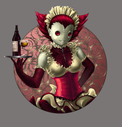 Rule 34 | 00s, 1girl, 2008, bare shoulders, bottle, colored skin, corset, cup, drinking glass, elbow gloves, frilled skirt, frills, gloves, grey skin, hand on own hip, holding, hollow fields, madeleine rosca, maid, maid headdress, miss notch, no eyebrows, no nose, original, pointy hair, red eyes, red hair, shirt, short hair, signature, skirt, skull and crossbones, smile, solo, taut clothes, taut shirt, tight clothes, tray, widow&#039;s peak, wine glass, zipper