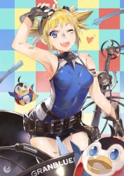 Rule 34 | 10s, 1girl, ;d, adjusting goggles, ahoge, arm up, armlet, armpits, bare shoulders, belt, belt pouch, belt skirt, bird, black gloves, blonde hair, blue eyes, cable, checkered background, copyright name, covered erect nipples, covered navel, cowboy shot, dirty, fingerless gloves, gloves, goggles, goggles on head, granblue fantasy, happy, heart, leaning forward, leotard, looking at viewer, multiple belts, one eye closed, open mouth, pengie, penguin, pouch, short hair, short shorts, short twintails, shorts, smile, solo, spiked hair, spoken heart, sweat, twintails, uwatsuki isshiki, uwtk