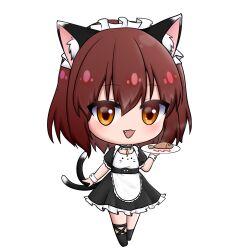 Rule 34 | 1girl, :d, alternate costume, animal ear fluff, animal ears, apron, black dress, brown eyes, brown hair, cat ears, cat tail, chen, chibi, commentary request, dress, enmaided, fang, fish, flat chest, frills, full body, hair between eyes, hand up, highres, holding, holding tray, light blush, maid, maid headdress, multiple tails, nekomata, open mouth, petticoat, qi lang3568, short sleeves, simple background, smile, solo, tail, touhou, tray, two tails, waist apron, white background, wrist cuffs