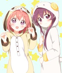 Rule 34 | 2girls, :d, absurdres, akaza akari, animal costume, blue background, blush, closed mouth, commentary request, dog costume, goat costume, hand up, hands up, highres, hood, hood up, looking at viewer, mesushio, multiple girls, open mouth, outline, pajamas, purple eyes, purple hair, red hair, short hair, smile, split mouth, standing, star (symbol), starry background, sugiura ayano, white outline, yuru yuri