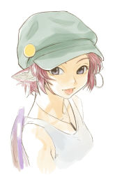 Rule 34 | 1girl, :p, alternate costume, animal ears, casual, earrings, female focus, hat, jewelry, mystia lorelei, necklace, pink hair, purple eyes, shiba itsuki, short hair, simple background, sketch, smile, solo, tank top, tongue, tongue out, touhou, upper body, white background, wings