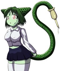 Rule 34 | 1girl, breasts, cell (dragon ball), colored skin, dragon ball, genderswap, genderswap (mtf), green hair, green skin, monster girl, open mouth, red eyes, shirt, skirt, tail, thighhighs, white background
