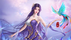 Rule 34 | 1girl, absurdres, bird, bug, butterfly, china dress, chinese clothes, cleavage cutout, clothing cutout, dress, earrings, flying, hair ornament, hei yu xing cheng, highres, insect, jewelry, long hair, outstretched hand, parted lips, purple dress, purple eyes, second-party source, solo, sparkle, teeth, upper body, wanmei shijie, yun xi (wanmei shijie)