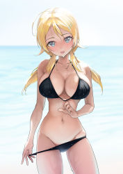 Rule 34 | 1girl, ahoge, bare shoulders, beach, bikini, black bikini, blonde hair, blue eyes, blurry, blurry background, blush, breasts, bright pupils, cleavage, collarbone, cowboy shot, day, dripping, groin, hachimiya meguru, hair ornament, hairpin, head tilt, highres, horizon, idolmaster, idolmaster shiny colors, kaedeko (kaedelic), large breasts, light smile, long hair, looking at viewer, navel, open mouth, pulling own clothes, sky, solo, standing, swimsuit, twintails, water