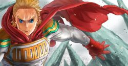 Rule 34 | 1boy, blonde hair, blue eyes, bodysuit, boku no hero academia, frown, highres, looking at viewer, male focus, pac-man eyes, serious, short hair, solo, spiked hair, spreading cape, togata mirio, toned, toned male, upper body, white bodysuit, wind, yomoyama yotabanashi