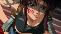 Rule 34 | 1girl, :p, belt, black lagoon, body writing, breasts, brown eyes, brown hair, crop top, denim, denim shorts, fingerless gloves, gloves, gun, handgun, highres, holster, large breasts, leaning forward, looking at viewer, official art, pistol, revy (black lagoon), screencap, short shorts, shorts, shoulder holster, sidelocks, sleeveless, smile, solo, tagme, tank top, tattoo, tongue, tongue out, weapon
