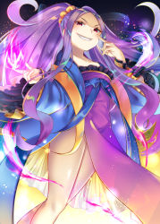 Rule 34 | 1girl, blue ribbon, chinese clothes, commentary request, fate/grand order, fate (series), gakuon (gakuto), grin, hair ornament, hair scrunchie, long hair, long sleeves, looking at viewer, pantyhose, pink eyes, purple hair, ribbon, scrunchie, smile, solo, wide sleeves, wu zetian (fate), yellow scrunchie