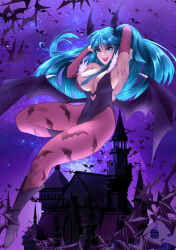 Rule 34 | 1girl, armpits, breasts, castle, highres, large breasts, long hair, morrigan aensland, solo, vampire (game)