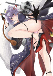 Rule 34 | 1girl, absurdres, aircraft, ass, azur lane, black footwear, black gloves, blush, breasts, china dress, chinese clothes, dress, eesuke (shin1athke), feather boa, foot out of frame, from below, fur hairband, gloucester (azur lane), gloucester (brilliance in purple) (azur lane), gloves, high heels, highres, large breasts, looking at viewer, manjuu (azur lane), medium hair, official alternate costume, panties, pantyshot, pelvic curtain, pink panties, purple dress, purple hair, shoes, simple background, solo, standing, standing on one leg, tally, underwear, white background, wide sleeves, yellow eyes
