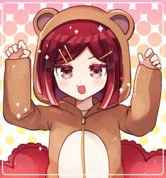 Rule 34 | 1girl, :o, animal costume, bear costume, blush, blush stickers, danganronpa (series), danganronpa v3: killing harmony, hair ornament, hairclip, hands up, heart, heart-shaped pillow, hood, hood up, mikao (eanv5385), multicolored background, pillow, red eyes, short hair, solo, sparkle, upper body, white background, yumeno himiko