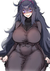 Rule 34 | 1girl, @ @, alternate breast size, bags under eyes, bam.g, black sweater, blush, breasts, covered navel, creatures (company), double-parted bangs, dress, fingernails, game freak, hex maniac (pokemon), highres, huge breasts, looking at viewer, nail polish, nintendo, pokemon, pokemon xy, purple eyes, ribbed sweater, seiza, simple background, sitting, solo, sweatdrop, sweater, taut clothes, taut dress, thick thighs, thighs, white background