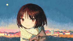 Rule 34 | 1girl, bright pupils, brown coat, brown eyes, brown hair, closed mouth, coat, full moon, highres, moon, original, scarf, short hair, sky, smile, solo, sunrise, upper body, winter clothes, zinbei