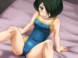 Rule 34 | 1girl, awa, bed, black hair, blush, bob cut, breasts, cameltoe, grey eyes, groin, hair over one eye, kobayashimaru shouko, leaning back, miniskirt pirates, one-piece swimsuit, open mouth, short hair, sitting, small breasts, spread legs, swimsuit
