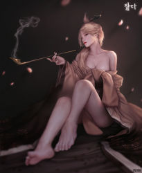Rule 34 | 1girl, absurdres, ass, barefoot, blonde hair, blurry, breasts, commission, depth of field, feet, foot focus, foreshortening, highres, holding, holding smoking pipe, jagercoke, japanese clothes, kimono, legs, mabinogi, mabinogi heroes, medium breasts, open clothes, open kimono, original, smoke, smoking, smoking pipe, thighs, yukata