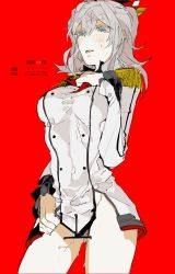 Rule 34 | 10s, 1girl, blue eyes, blush, bottomless, breasts, buttons, double-breasted, epaulettes, grey hair, high contrast, kantai collection, kashima (kancolle), long hair, mzet, parted lips, red background, simple background, solo, sweat