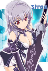 Rule 34 | 10s, 1girl, bare shoulders, breasts, bridal gauntlets, character name, detached collar, large breasts, leaning forward, long hair, mole, mole on breast, red eyes, silver hair, smile, solo, strea (sao), swimsuit, sword art online, sword art online: infinity moment, xanadu