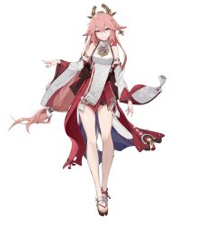 Rule 34 | 1girl, animal ears, ankle bell, bare legs, black bow, bow, breasts, closed mouth, commentary, detached sleeves, earrings, floral print, flower knot, fox ears, fox shadow puppet, full body, genshin impact, hair between eyes, headpiece, highres, japanese clothes, jewelry, long hair, looking at viewer, low-tied long hair, medium breasts, miko, necklace, obi, pink hair, platform footwear, purple eyes, sakuramon, sandals, sash, simple background, smile, solo, standing, symbol-only commentary, tassel, thighs, toes, white background, wide sleeves, ximubingo, yae miko