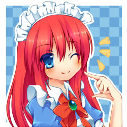 Rule 34 | 1girl, blue eyes, kujou mikuru, long hair, maid, maid headdress, red hair, ribbon, seihou, smile, solo, vivit, wink