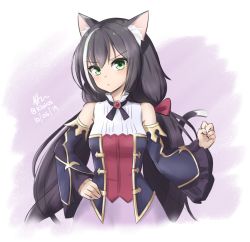 Rule 34 | 1girl, animal ear fluff, animal ears, bare shoulders, black hair, black ribbon, blush, border, breasts, brooch, cat ears, cat girl, cat tail, closed mouth, commentary, dated, detached sleeves, green eyes, hand on own hip, highres, jewelry, karyl (princess connect!), klaius, long hair, long sleeves, looking at viewer, low twintails, medium breasts, multicolored hair, neck ribbon, princess connect!, purple background, ribbon, signature, solo, streaked hair, tail, twintails, twitter username, vest, white border, wide sleeves