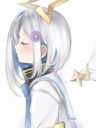 Rule 34 | 1girl, absurdres, amane kanata, angel wings, asymmetrical hair, blue hair, closed eyes, commentary, detached wings, flower, from side, hair flower, hair ornament, halo, highres, hololive, long hair, multicolored hair, nanashi (nlo), profile, simple background, smile, solo, star halo, virtual youtuber, white background, white hair, wings